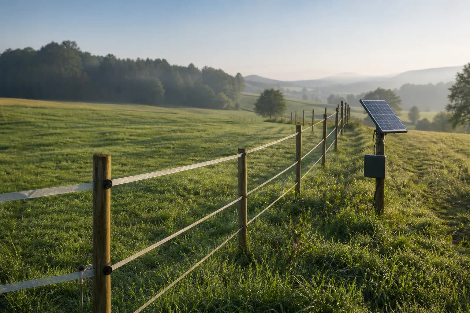 Solarbetriebenes Elektrozaunsystem auf einer grünen Weide